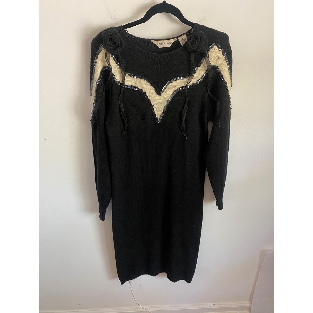 Christina Grant Vintage Black Cream Sequin Rose Angora Knit Sweater Dress Medium